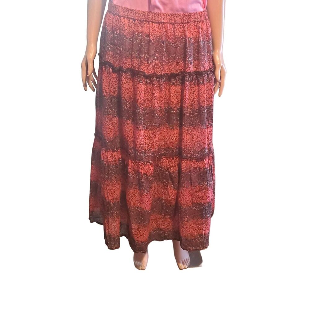 Jaclyn Smith Sz 2X Pull On Tiered Maxi Skirt Red Black Reptile Print Lined